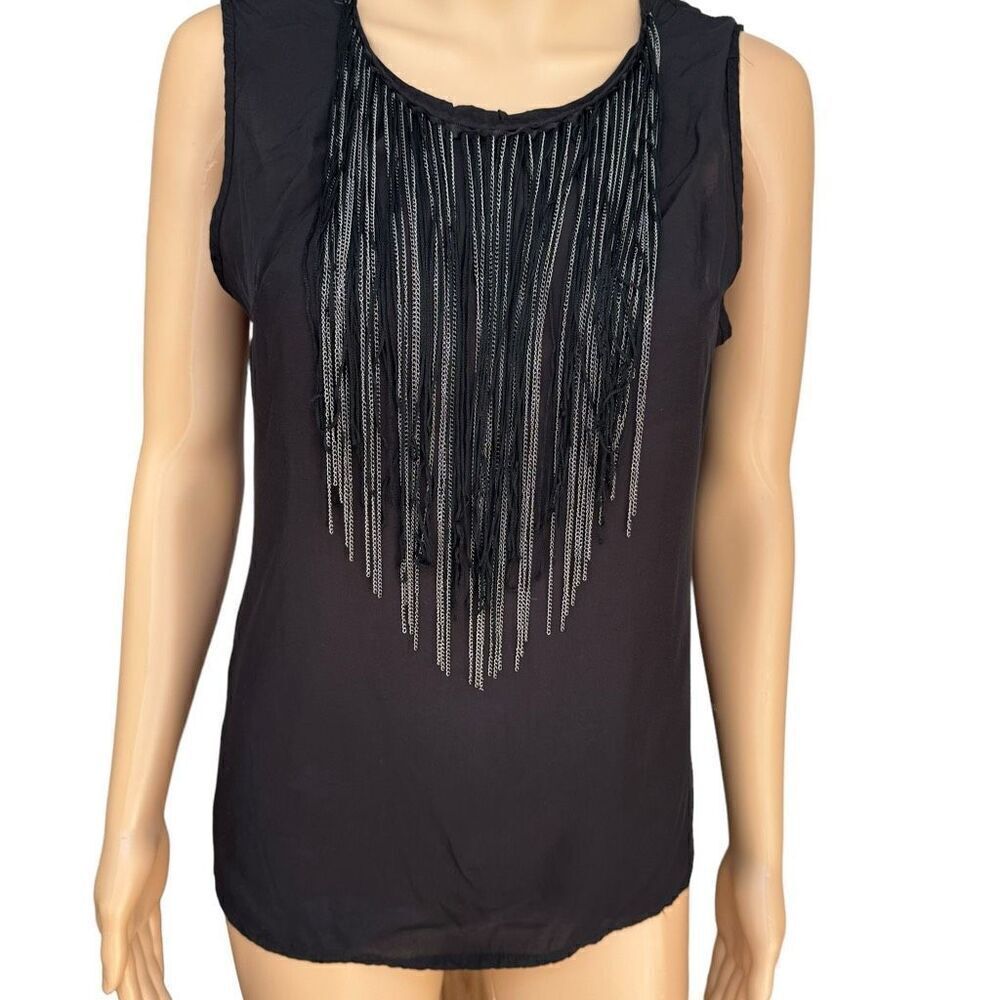 Costa Blanca black sleeveless top blouse cotton blend fringe chain detail Size M